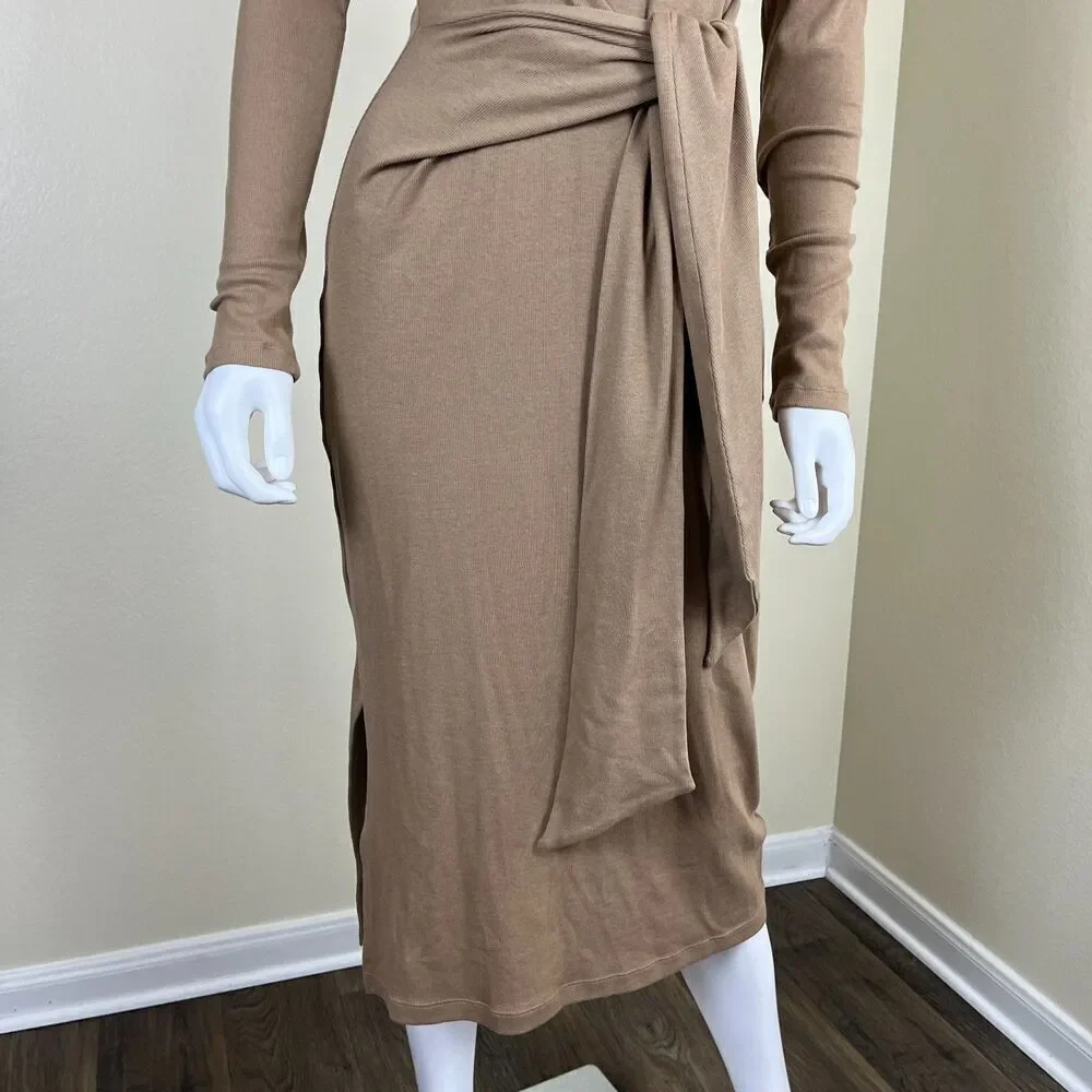 Ralph Lauren Womens Size M Camel Tie Front Turtleneck Sweater Bodycon Midi Dress